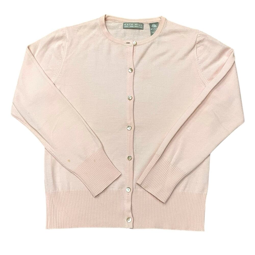 Kate Hill Sweater Womens PS S Petite Merino Wool Button Knit Pale Pink *Stains